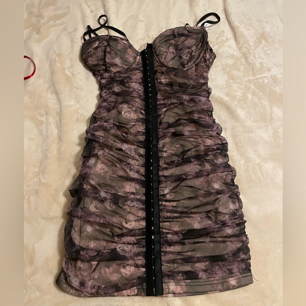 Flower corset/ mesh mini dress, dark purple/ pink